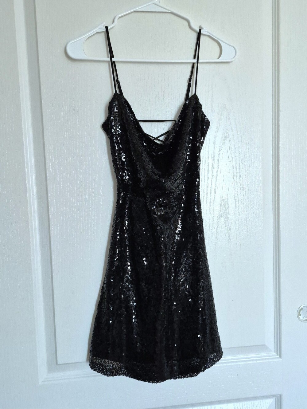 Black Sequin Mini Dress with Cowl Neck